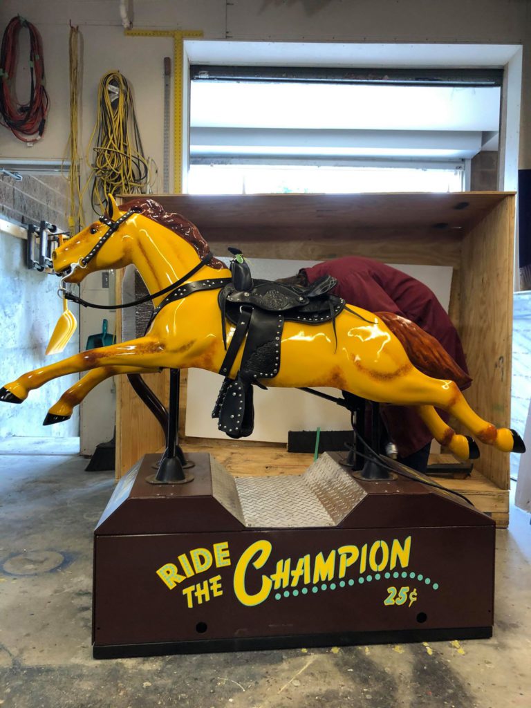 Pony up! The “Champ” arrives at Exploration Place